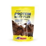 Confezione di PRO ACTION Protein Whey Plus al gusto cioccolato, ideale per la crescita muscolare e il recupero, con proteine del siero del latte e della soia