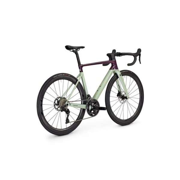 Bicicletta da corsa in carbonio verde e viola con freni a disco e manubrio aerodinamico