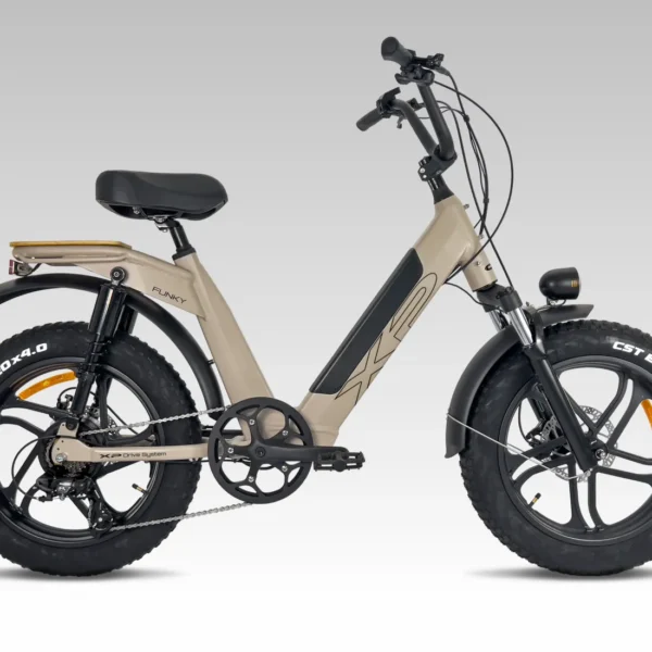 Bicicletta elettrica compatta con ruote grasse e telaio robusto, ideale per percorsi urbani e terreni difficili